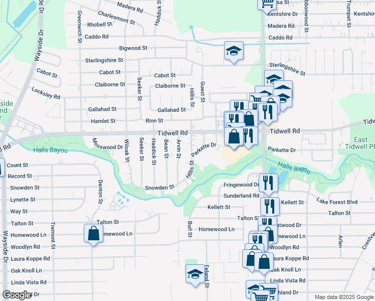 map of restaurants, bars, coffee shops, grocery stores, and more near 9301 Arvin Street in Houston