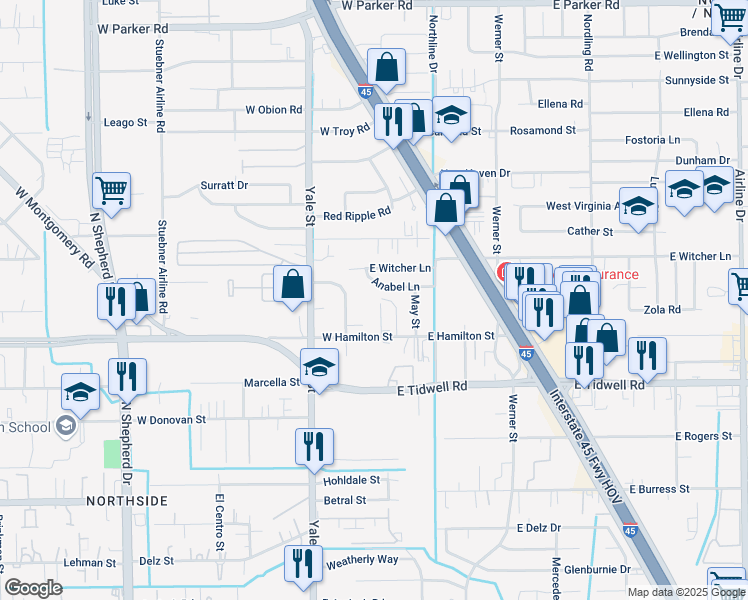 map of restaurants, bars, coffee shops, grocery stores, and more near 5615 Harvard Street in Houston