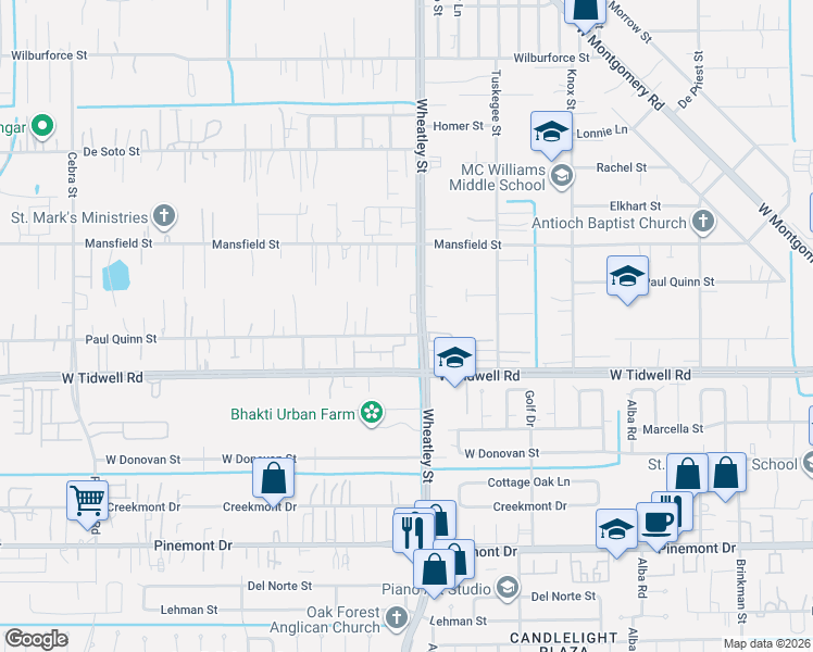 map of restaurants, bars, coffee shops, grocery stores, and more near 1110 Paul Quinn Street in Houston