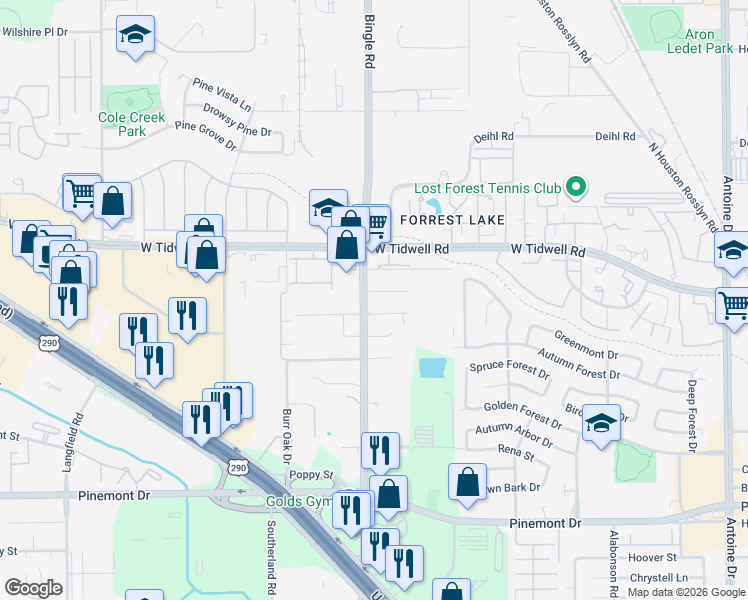 map of restaurants, bars, coffee shops, grocery stores, and more near 5726-A Bingle Road in Houston