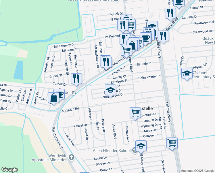 map of restaurants, bars, coffee shops, grocery stores, and more near 2828 Victoria Drive in Marrero
