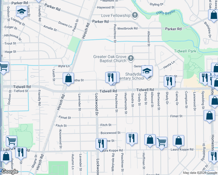 map of restaurants, bars, coffee shops, grocery stores, and more near 5009 Tidwell Road in Houston