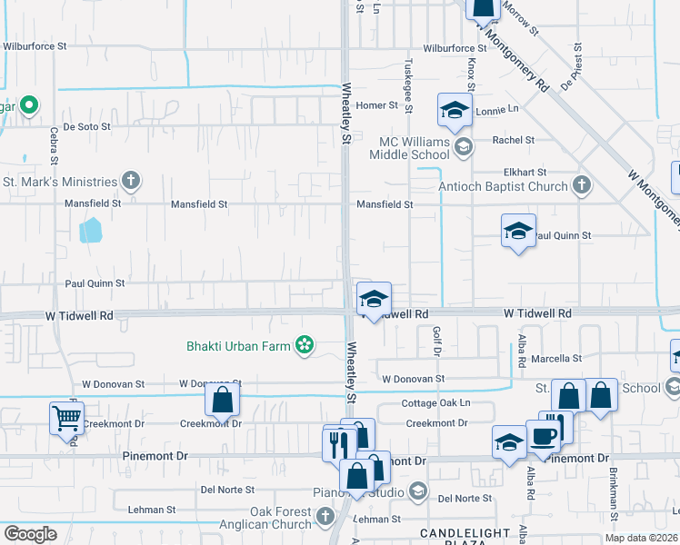 map of restaurants, bars, coffee shops, grocery stores, and more near 1110 Paul Quinn Street in Houston
