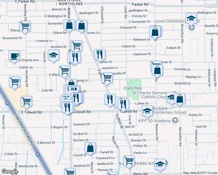 map of restaurants, bars, coffee shops, grocery stores, and more near 9812 Fulton Street in Houston