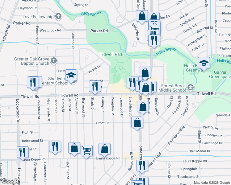map of restaurants, bars, coffee shops, grocery stores, and more near 6401 Tidwell Road in Houston