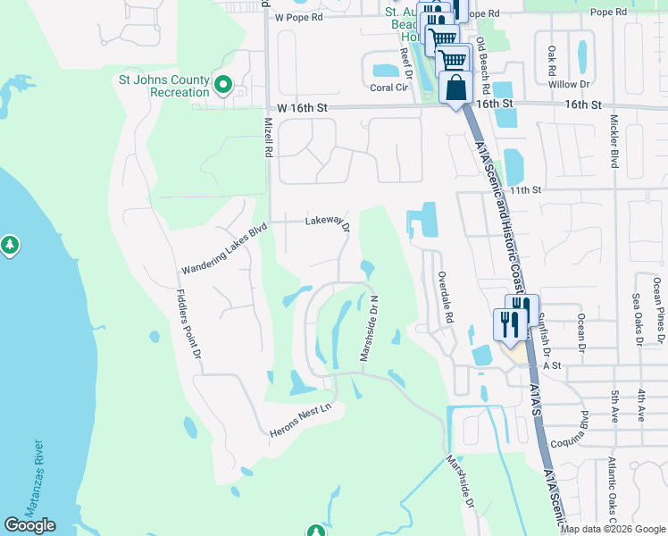 map of restaurants, bars, coffee shops, grocery stores, and more near 401 Players Court in St. Augustine