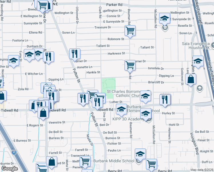 map of restaurants, bars, coffee shops, grocery stores, and more near 9718 Clark Road in Houston