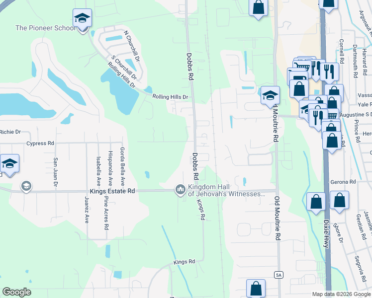 map of restaurants, bars, coffee shops, grocery stores, and more near 725 Cypress Road in St. Augustine
