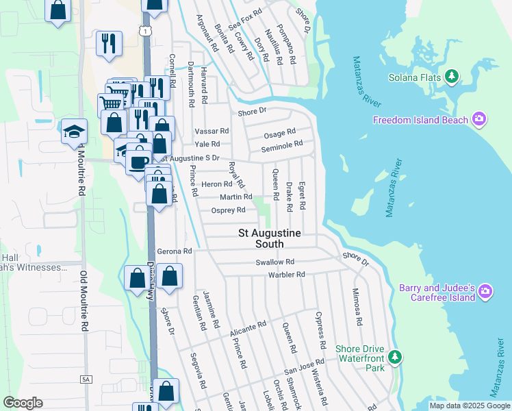 map of restaurants, bars, coffee shops, grocery stores, and more near 153 Osprey Road in St. Augustine