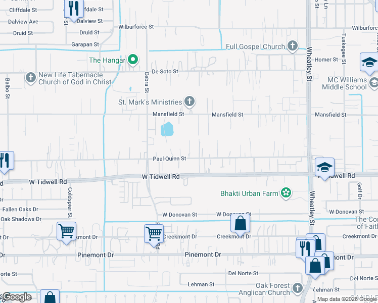map of restaurants, bars, coffee shops, grocery stores, and more near 1832 Paul Quinn Street in Houston