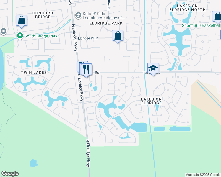 map of restaurants, bars, coffee shops, grocery stores, and more near 12710 Wilbury Park in Houston