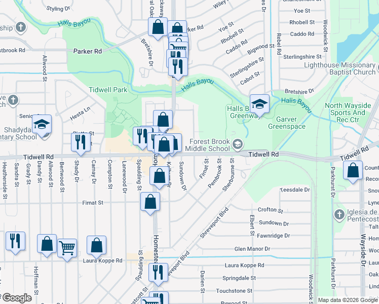map of restaurants, bars, coffee shops, grocery stores, and more near 7217 Tidwell Road in Houston