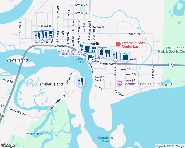 map of restaurants, bars, coffee shops, grocery stores, and more near 416 Marine Street in Carrabelle