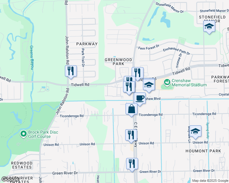 map of restaurants, bars, coffee shops, grocery stores, and more near 12000-12290 Tidwell Rd in Houston