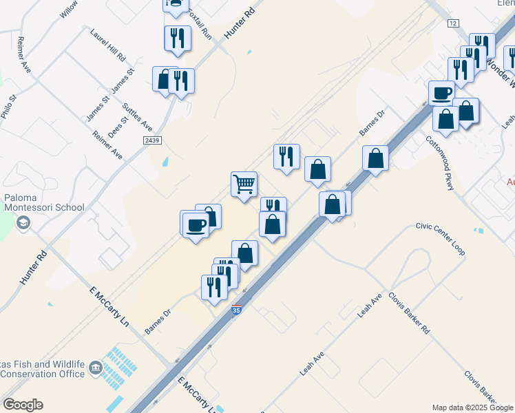 map of restaurants, bars, coffee shops, grocery stores, and more near 490 Barnes Drive in San Marcos