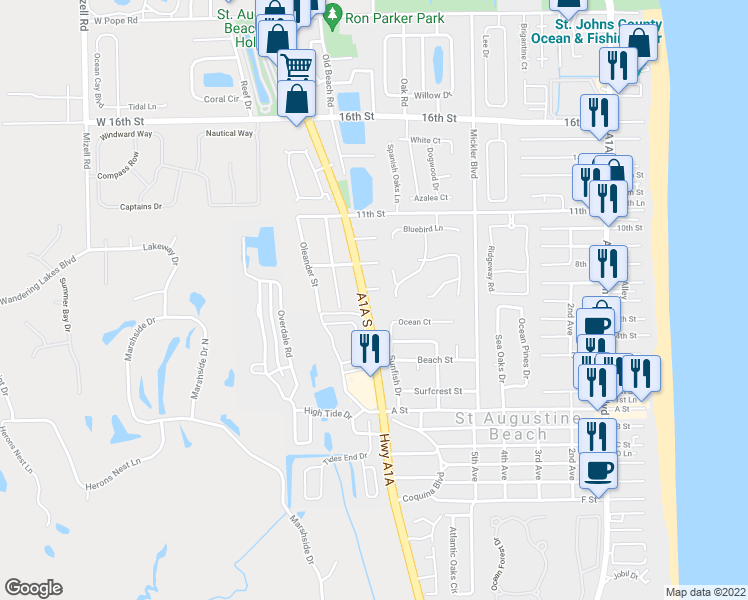 map of restaurants, bars, coffee shops, grocery stores, and more near 2472 A1A South in St. Augustine