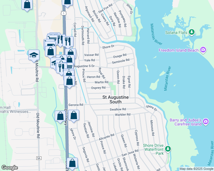 map of restaurants, bars, coffee shops, grocery stores, and more near 153 Osprey Road in St. Augustine