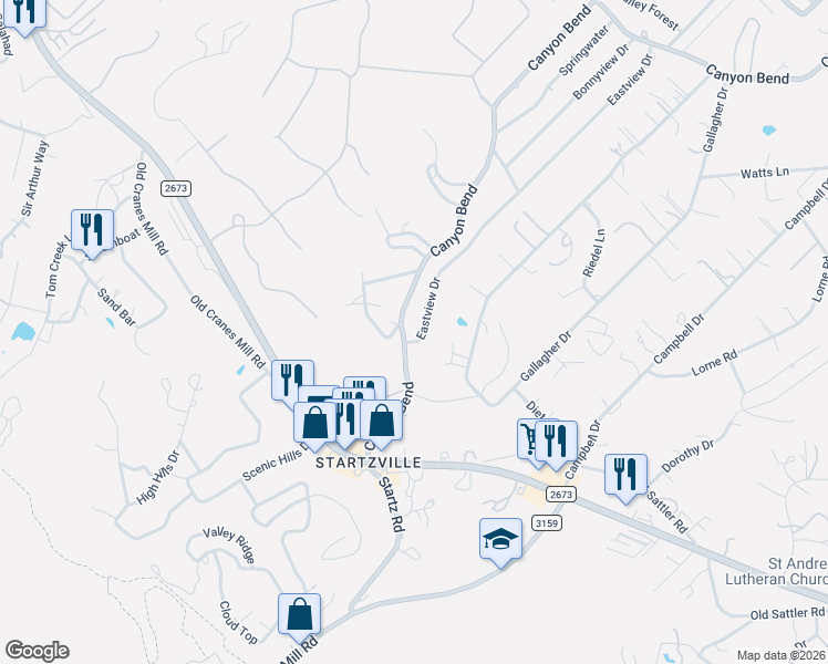 map of restaurants, bars, coffee shops, grocery stores, and more near 421 Eastview Drive in Canyon Lake