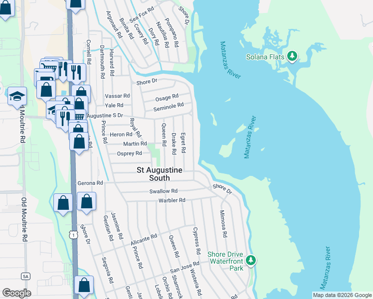 map of restaurants, bars, coffee shops, grocery stores, and more near 150 Egret Road in St. Augustine