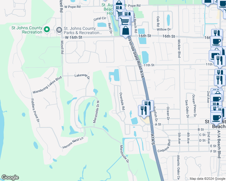 map of restaurants, bars, coffee shops, grocery stores, and more near 481 High Tide Drive in St. Augustine