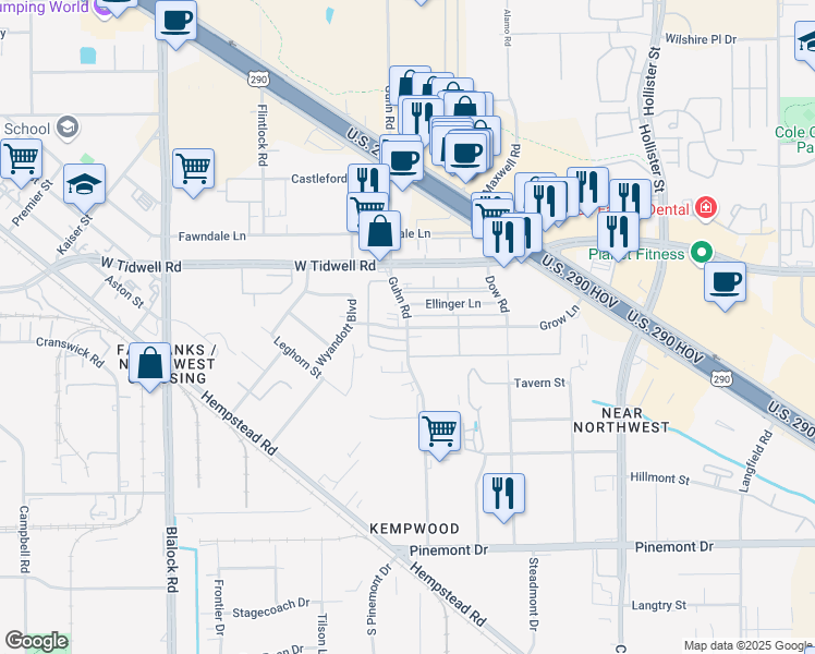 map of restaurants, bars, coffee shops, grocery stores, and more near Guhn Rd & Grow Ln in Houston