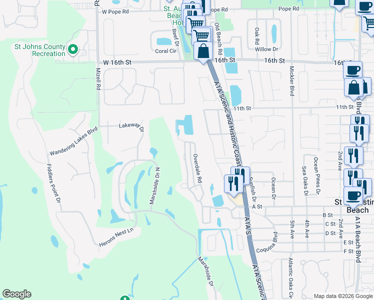 map of restaurants, bars, coffee shops, grocery stores, and more near 484 High Tide Drive in St. Augustine