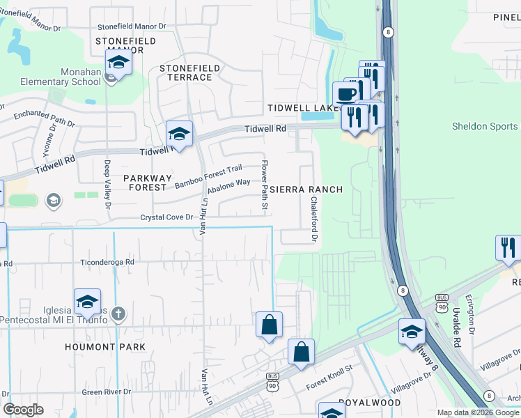 map of restaurants, bars, coffee shops, grocery stores, and more near 8602 Flower Path Street in Houston