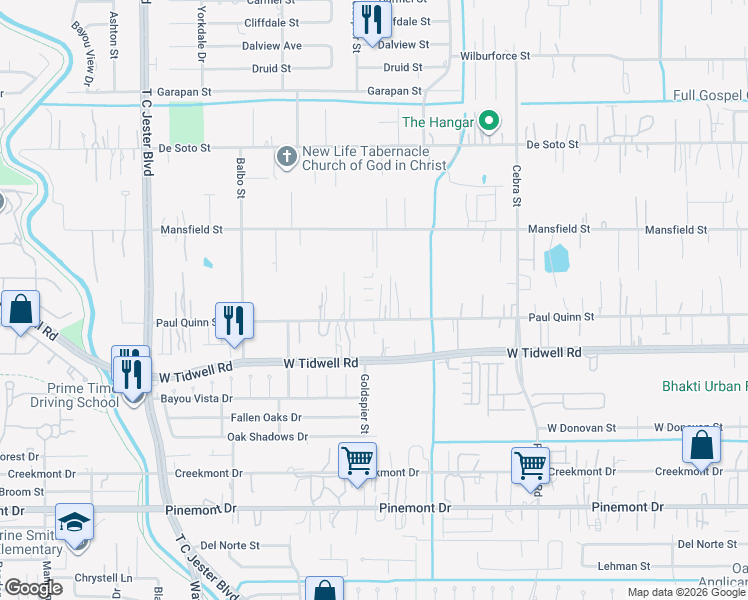 map of restaurants, bars, coffee shops, grocery stores, and more near 2706 Paul Quinn Street in Houston
