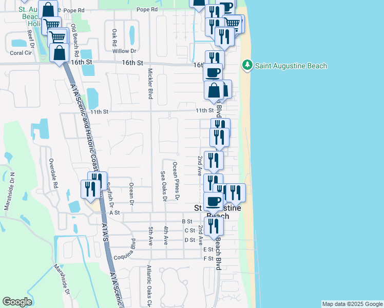 map of restaurants, bars, coffee shops, grocery stores, and more near 208 6th Street in St. Augustine