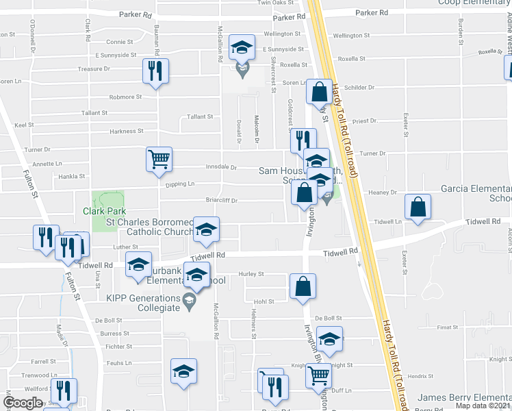 map of restaurants, bars, coffee shops, grocery stores, and more near 814 Briarcliff Drive in Houston