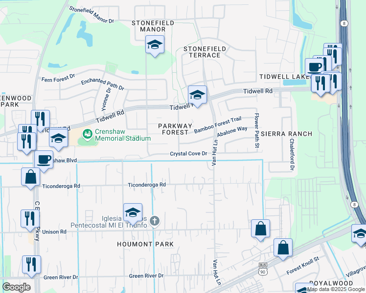 map of restaurants, bars, coffee shops, grocery stores, and more near 12923 Crystal Cove Drive in Houston
