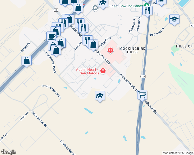 map of restaurants, bars, coffee shops, grocery stores, and more near 1271 Sadler Drive in San Marcos