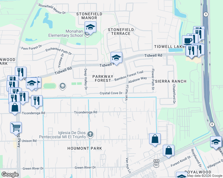 map of restaurants, bars, coffee shops, grocery stores, and more near 12923 Crystal Cove Drive in Houston
