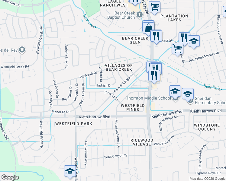 map of restaurants, bars, coffee shops, grocery stores, and more near 5322 Summit Lodge Drive in Katy