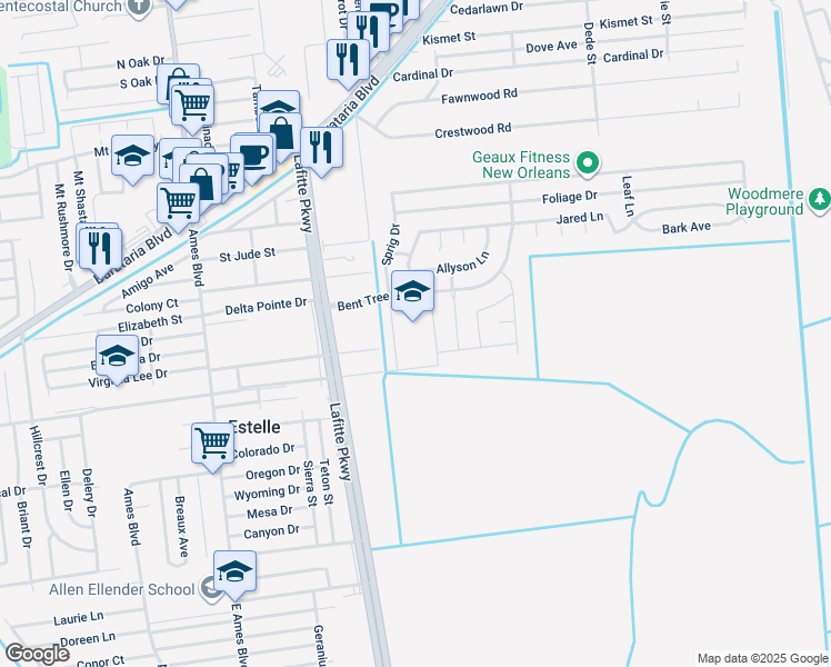 map of restaurants, bars, coffee shops, grocery stores, and more near 2500 Bent Tree Boulevard in Marrero