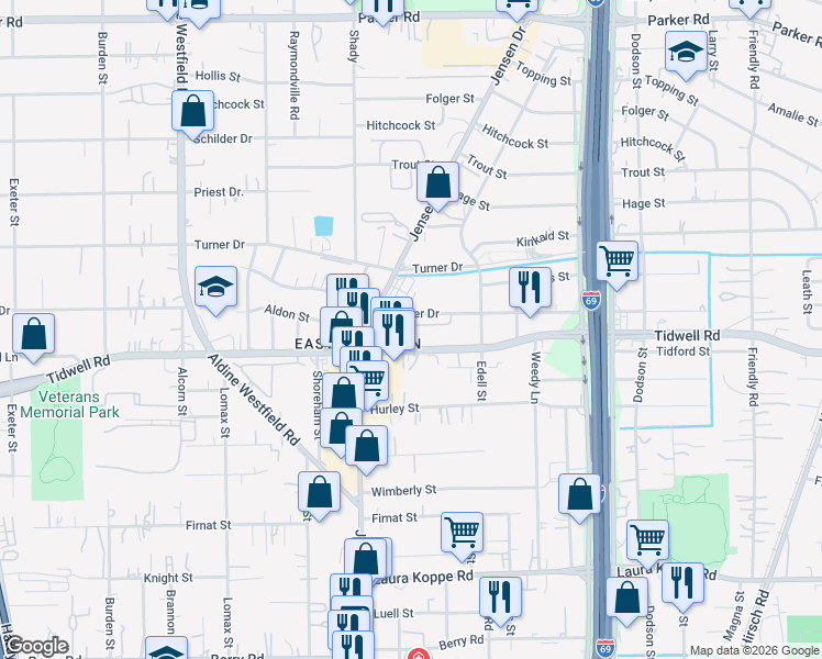 map of restaurants, bars, coffee shops, grocery stores, and more near 2932 La Estancia Lane in Houston