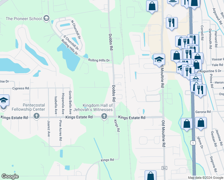 map of restaurants, bars, coffee shops, grocery stores, and more near 725 Cypress Road in St. Augustine