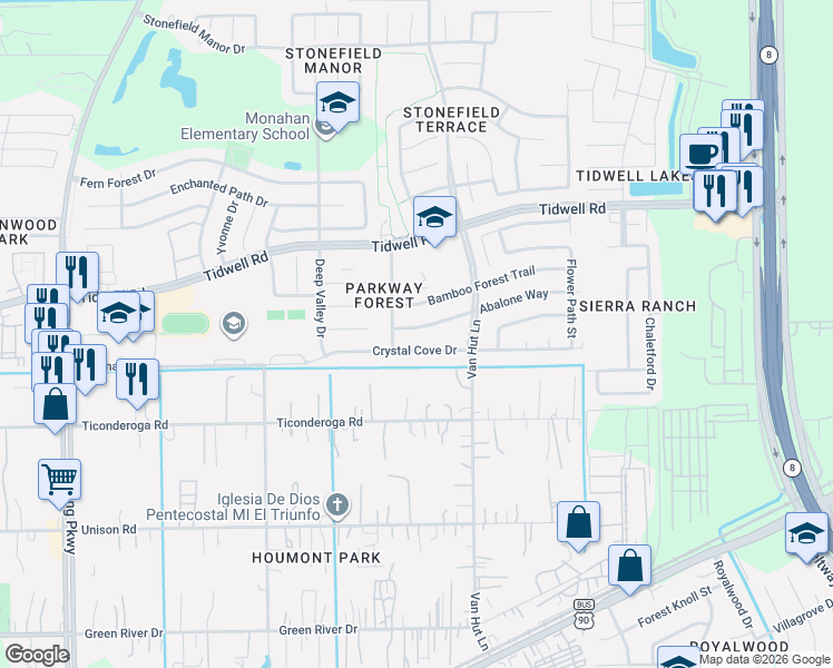 map of restaurants, bars, coffee shops, grocery stores, and more near 12923 Crystal Cove Drive in Houston