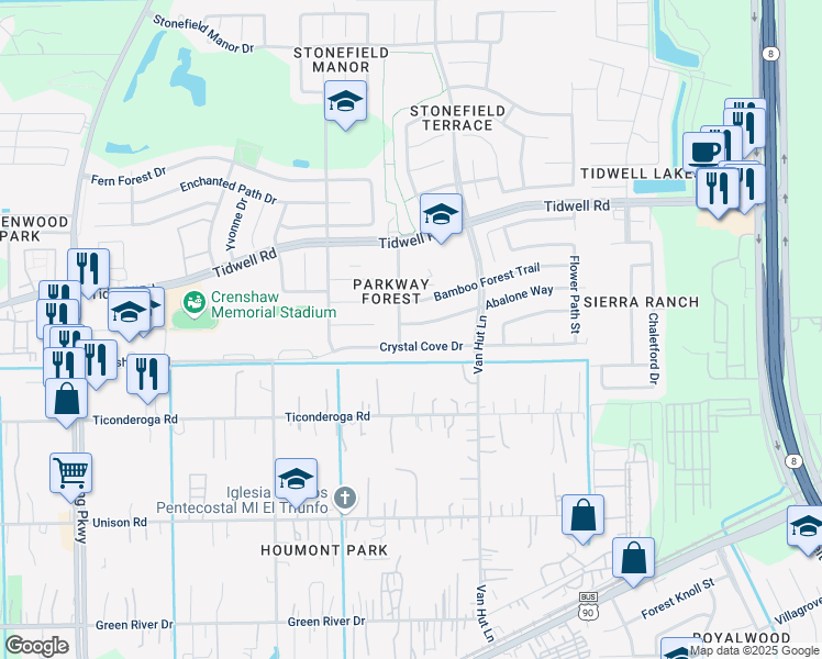 map of restaurants, bars, coffee shops, grocery stores, and more near 12923 Crystal Cove Drive in Houston