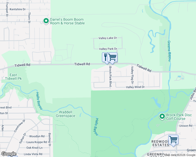 map of restaurants, bars, coffee shops, grocery stores, and more near 8607 Valley South Drive in Houston