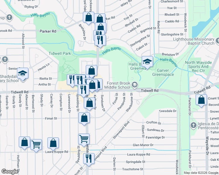 map of restaurants, bars, coffee shops, grocery stores, and more near 7217 Tidwell Road in Houston