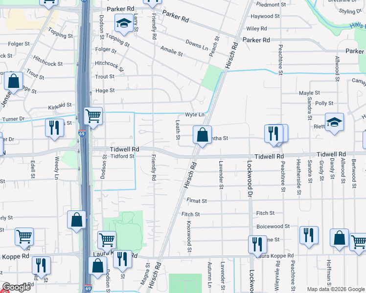 map of restaurants, bars, coffee shops, grocery stores, and more near 4317 Tidwell Road in Houston