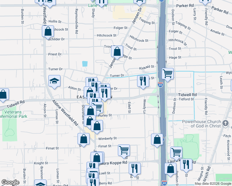 map of restaurants, bars, coffee shops, grocery stores, and more near 3012 La Estancia Lane in Houston