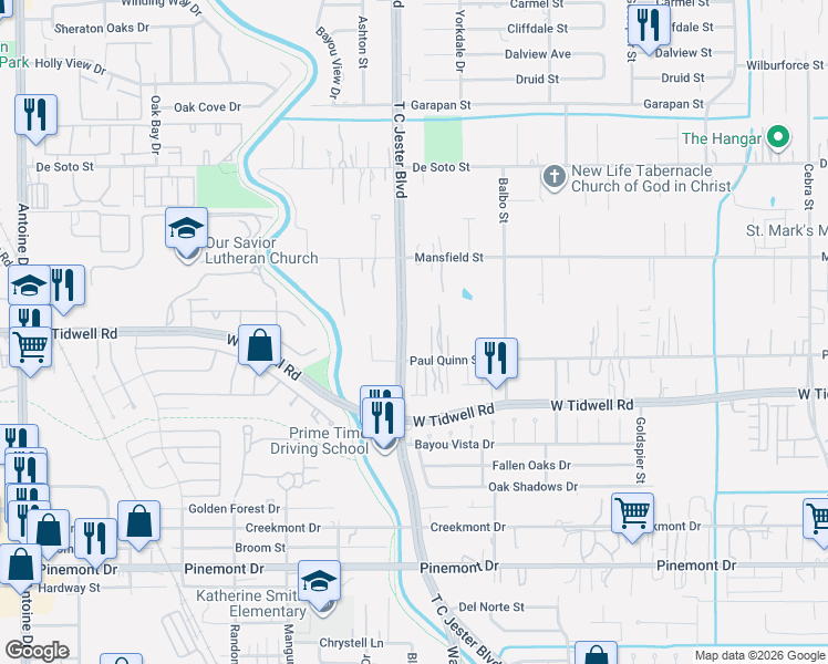 map of restaurants, bars, coffee shops, grocery stores, and more near 1715 Paul Quinn Street in Houston