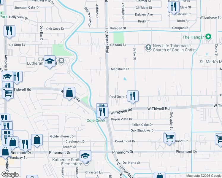 map of restaurants, bars, coffee shops, grocery stores, and more near 1715 Paul Quinn Street in Houston