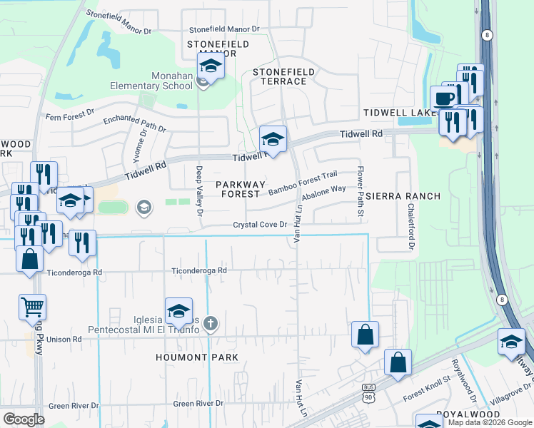 map of restaurants, bars, coffee shops, grocery stores, and more near 12923 Crystal Cove Drive in Houston