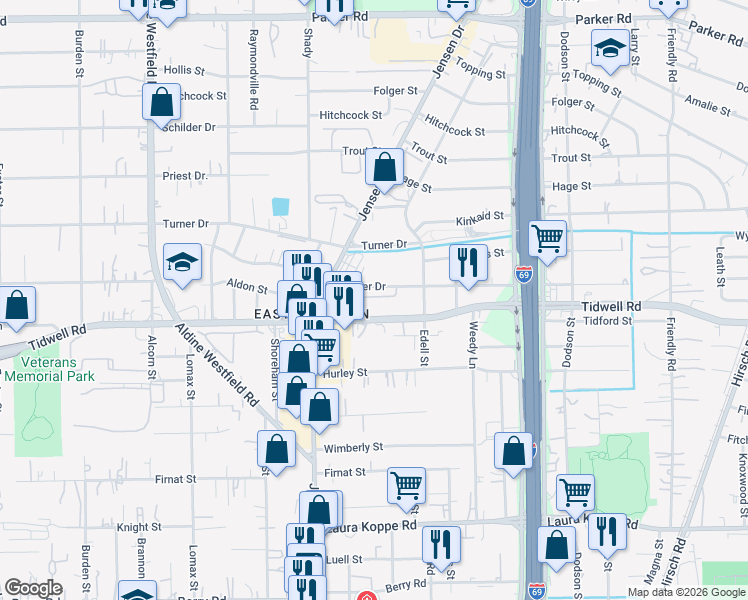 map of restaurants, bars, coffee shops, grocery stores, and more near 3006 La Estancia Lane in Houston