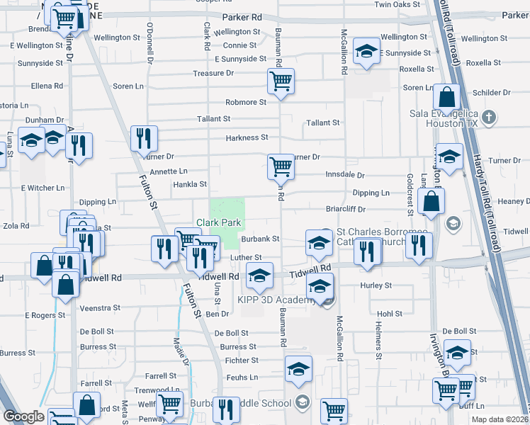 map of restaurants, bars, coffee shops, grocery stores, and more near 219 Heaney Drive in Houston