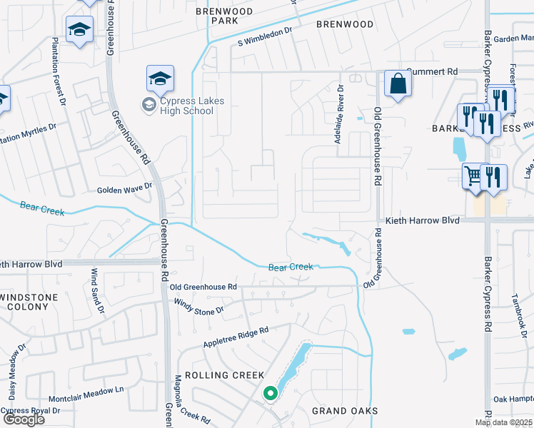 map of restaurants, bars, coffee shops, grocery stores, and more near 18835 Treviso Terrace Lane in Katy