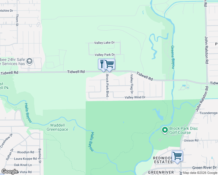 map of restaurants, bars, coffee shops, grocery stores, and more near 10103 Valley Club Drive in Houston